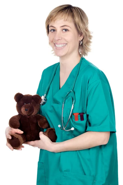 Doutor com um urso de pelúcia — Fotografia de Stock