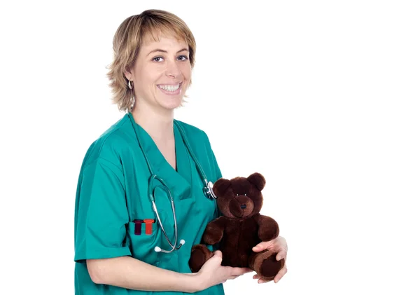Doutor com um urso de pelúcia — Fotografia de Stock