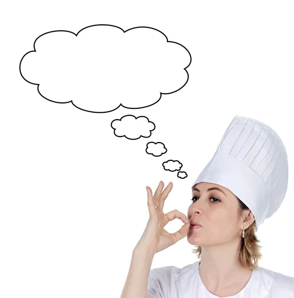 Aantrekkelijke chef-kok meisje denken — Stockfoto