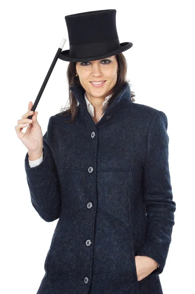 Mulher de negócios atraente com uma varinha mágica e chapéu — Fotografia de Stock