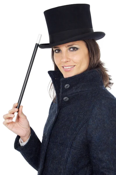 Belle femme d'affaires avec une baguette magique et un chapeau — Photo