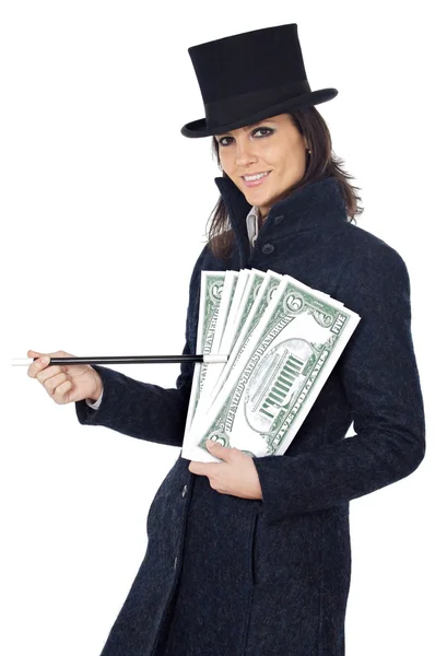Mulher de negócios atraente com uma varinha mágica e chapéu fazendo appea — Fotografia de Stock