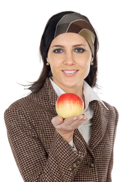 Menina atraente com maçã na mão (foco na maçã ) — Fotografia de Stock