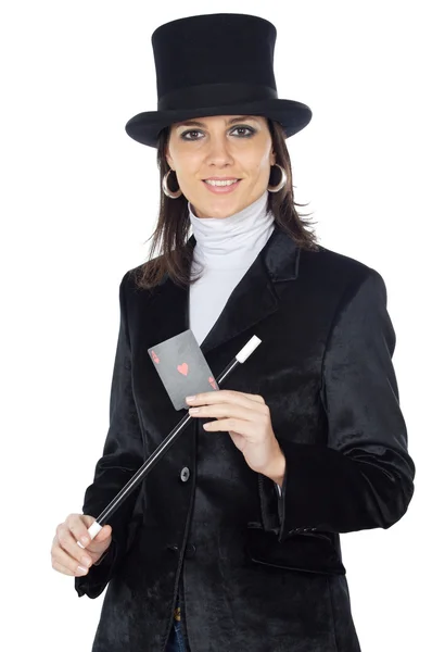 매력적인 비즈니스 여자 마술 지팡이와 모자 — 스톡 사진