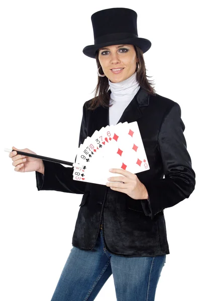 Attraente donna d'affari con bacchetta magica e cappello — Foto Stock