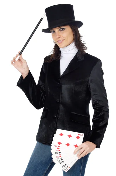 Attractive business woman with a magic wand and hat — Stock Photo, Image