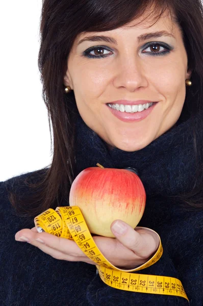 Kadın beyaz elma ve ölçüm bandı — Stok fotoğraf