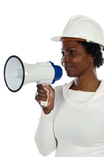 Architect woman with a megaphone — Stock Photo, Image