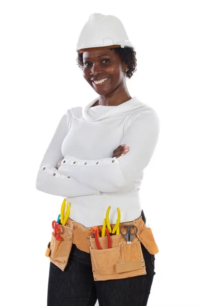 Africano mulher americana com capacete e cinto de ferramentas — Fotografia de Stock