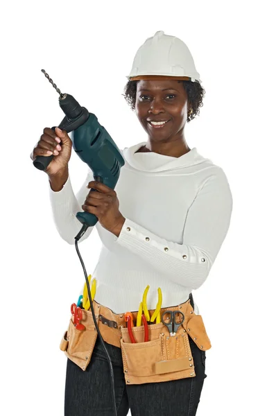 Mulher com capacete e ferramentas — Fotografia de Stock
