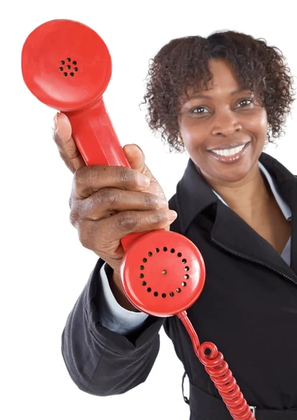 Γυναίκα με ένα κόκκινο τηλέφωνο — Φωτογραφία Αρχείου