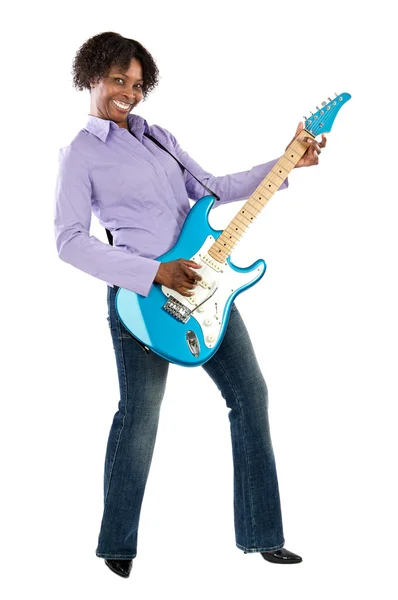 Žena hrající elektrickou kytaru — Stock fotografie