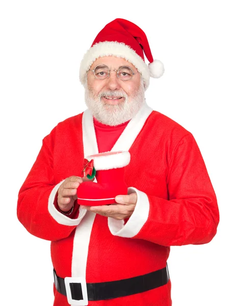 Smiley Santa Claus with a Christmas boot — Stock Photo, Image