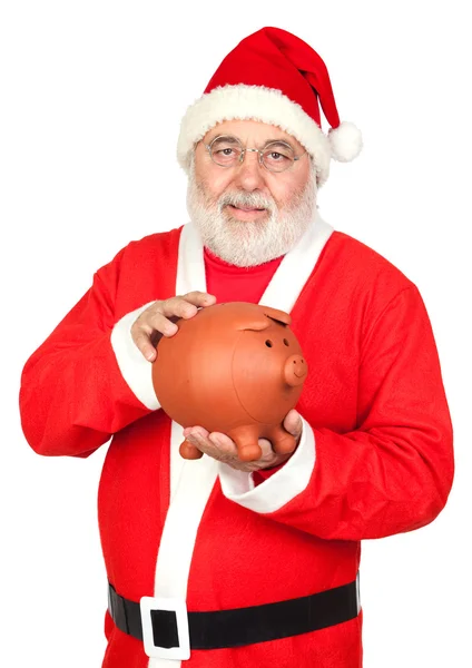 Papai Noel sorridente com porquinho-banco — Fotografia de Stock