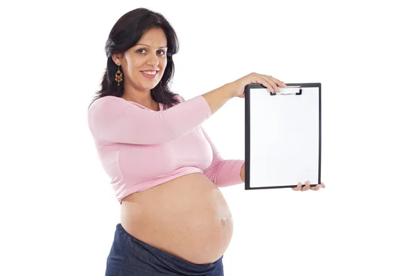 Beautiful pregnant with advertise in blank — Stock Photo, Image