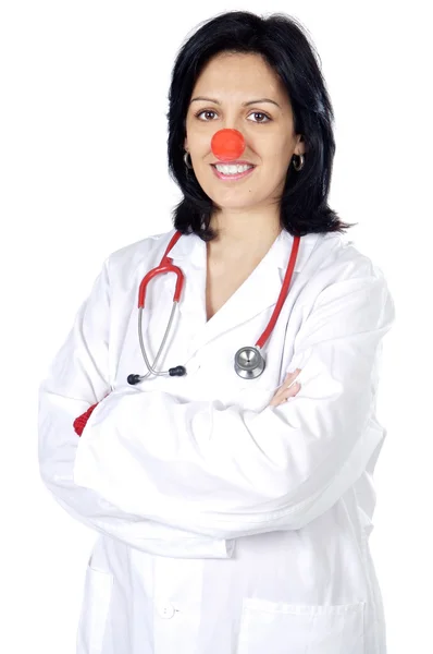 Atractivo médico dama con una nariz roja — Foto de Stock