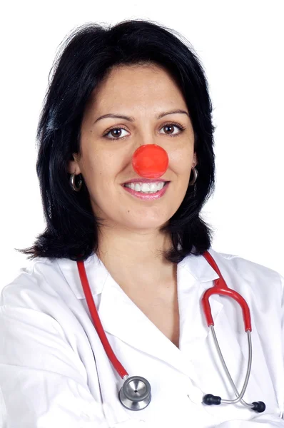Attractive lady doctor with a red nose — Stock Photo, Image
