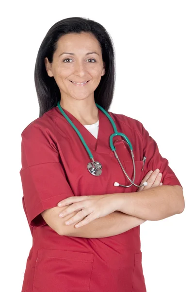 Щаслива лікарка з бордовим одягом — стокове фото