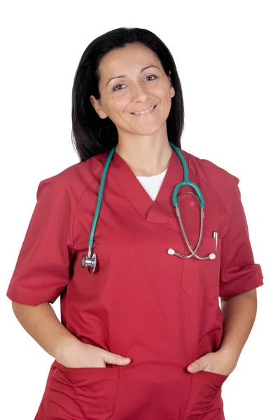 Boldog doktor nő, bordó ruha — Stock Fotó
