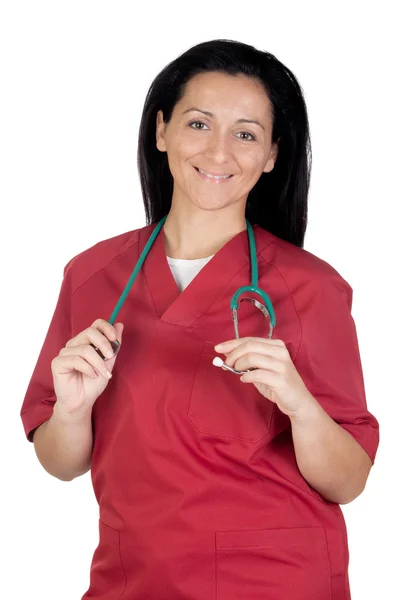 Glückliche Ärztin mit weinroter Kleidung — Stockfoto