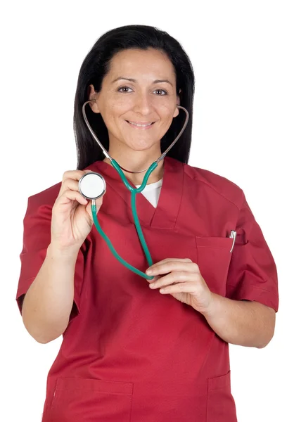 Šťastný lékař žena poslouchá stetoskopem — Stock fotografie