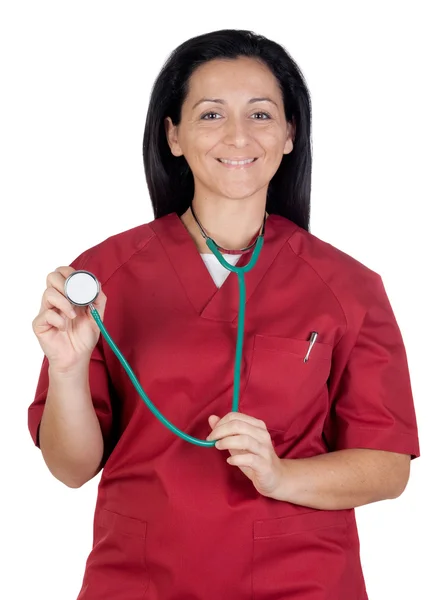 Kobieta lekarz zadowolony słuchając z stetoskop — Zdjęcie stockowe