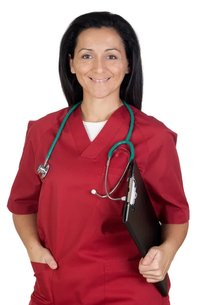 Médico feliz mulher com roupas de borgonha — Fotografia de Stock
