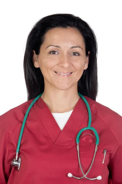 Bordo elbise ile mutlu doktor kadın — Stok fotoğraf