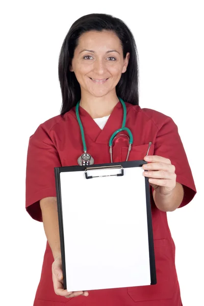 Médico feliz mulher com área de transferência em branco — Fotografia de Stock