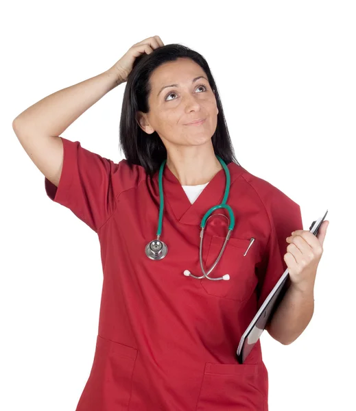 Glad doktor kvinna med vinrött kläder tänkande — Stockfoto