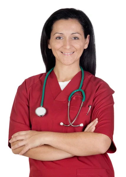 Médico feliz mulher com roupas de borgonha — Fotografia de Stock