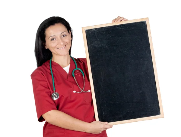 Happy doctor woman with blank blackboard — Stock Photo, Image