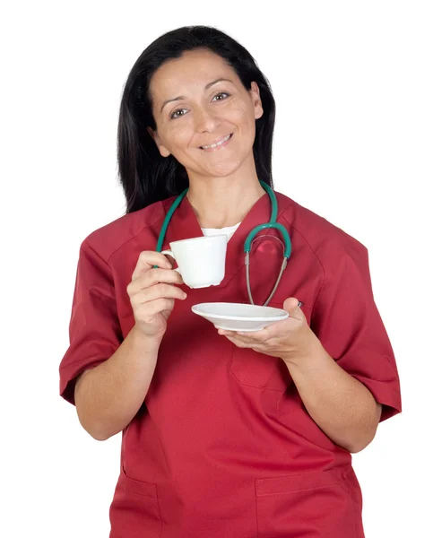 Γιατρός ευτυχισμένη γυναίκα με ένα φλιτζάνι του καφέ — Φωτογραφία Αρχείου