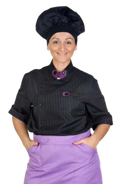 Mulher cozinheiro bonita com uniforme preto — Fotografia de Stock