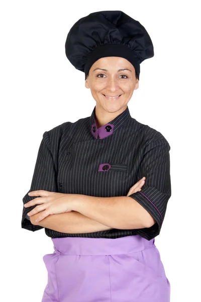 Jolie cuisinière femme avec uniforme noir — Photo