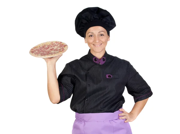 Jolie cuisinière femme avec pizza jambon — Photo