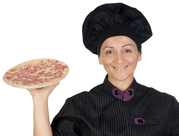 Pretty cook woman with ham pizza — Stock Photo, Image
