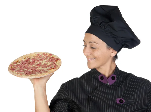 Pretty cook woman with ham pizza — Stock Photo, Image