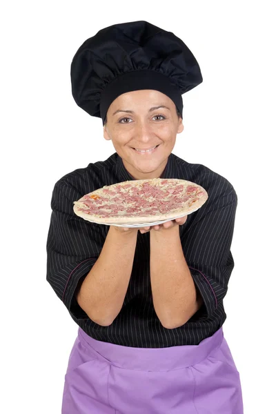 Docela vařit žena s pizza šunka — Stock fotografie