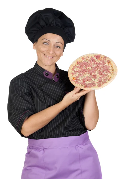 Guapa cocinera con pizza de jamón — Foto de Stock
