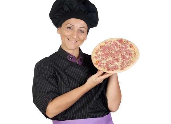 Bella cuoca con pizza al prosciutto — Foto Stock
