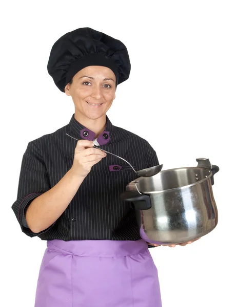 Pretty cook woman with big pot — Stock Photo, Image