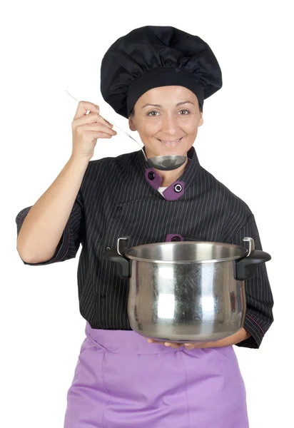 Mujer cocinera bonita con olla grande — Foto de Stock