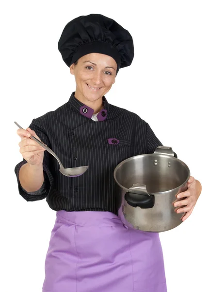 Bella donna cuoca con grande pentola — Foto Stock