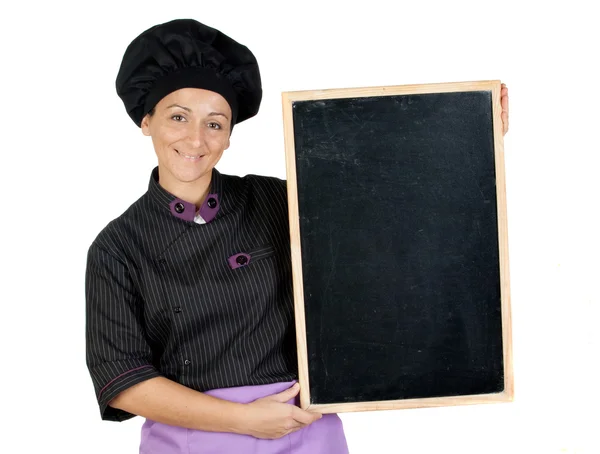 Αρκετά να μαγειρέψουν γυναίκα με μαυροπίνακα — Φωτογραφία Αρχείου