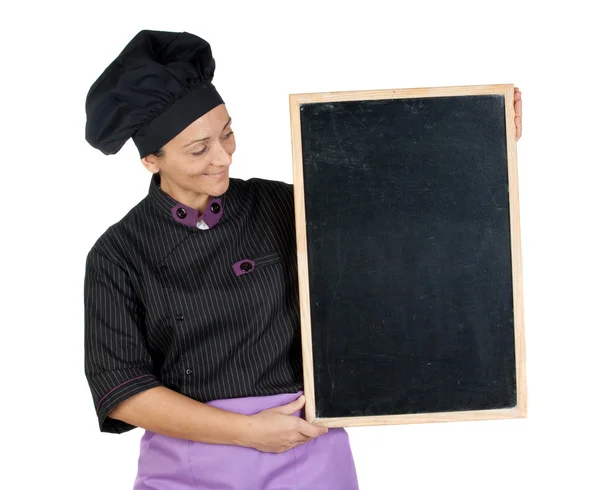 Oldukça blackboard bir kadınla yemek — Stok fotoğraf