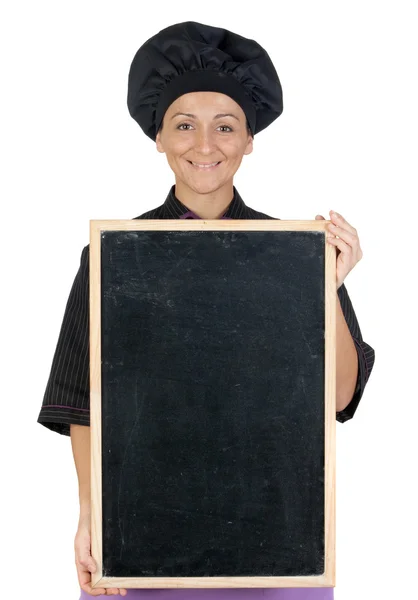 Pretty cook woman with blackboard — Stock Photo, Image