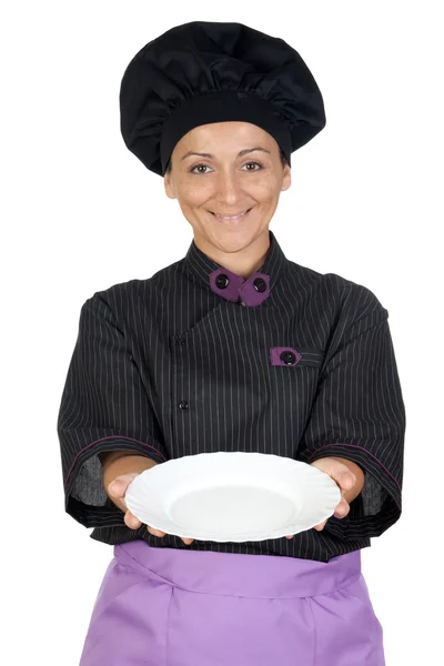 Mulher cozinheiro bonita com uniforme preto — Fotografia de Stock