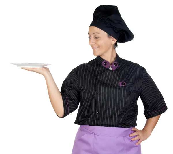 Mulher cozinheiro bonita com uniforme preto — Fotografia de Stock