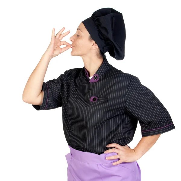Jolie cuisinière femme avec uniforme noir — Photo